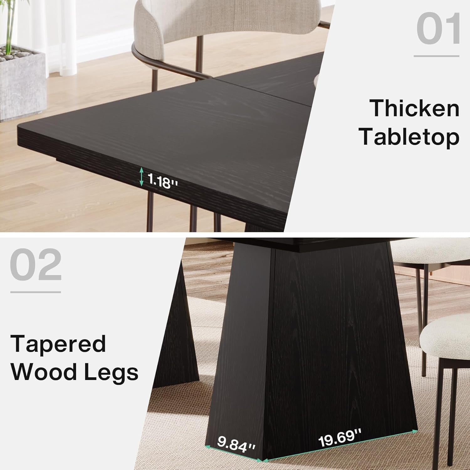 63 Inch Black Dining Table for 4-6 | Modern Kitchen & Office Table with Sturdy Legs - Hospitality World