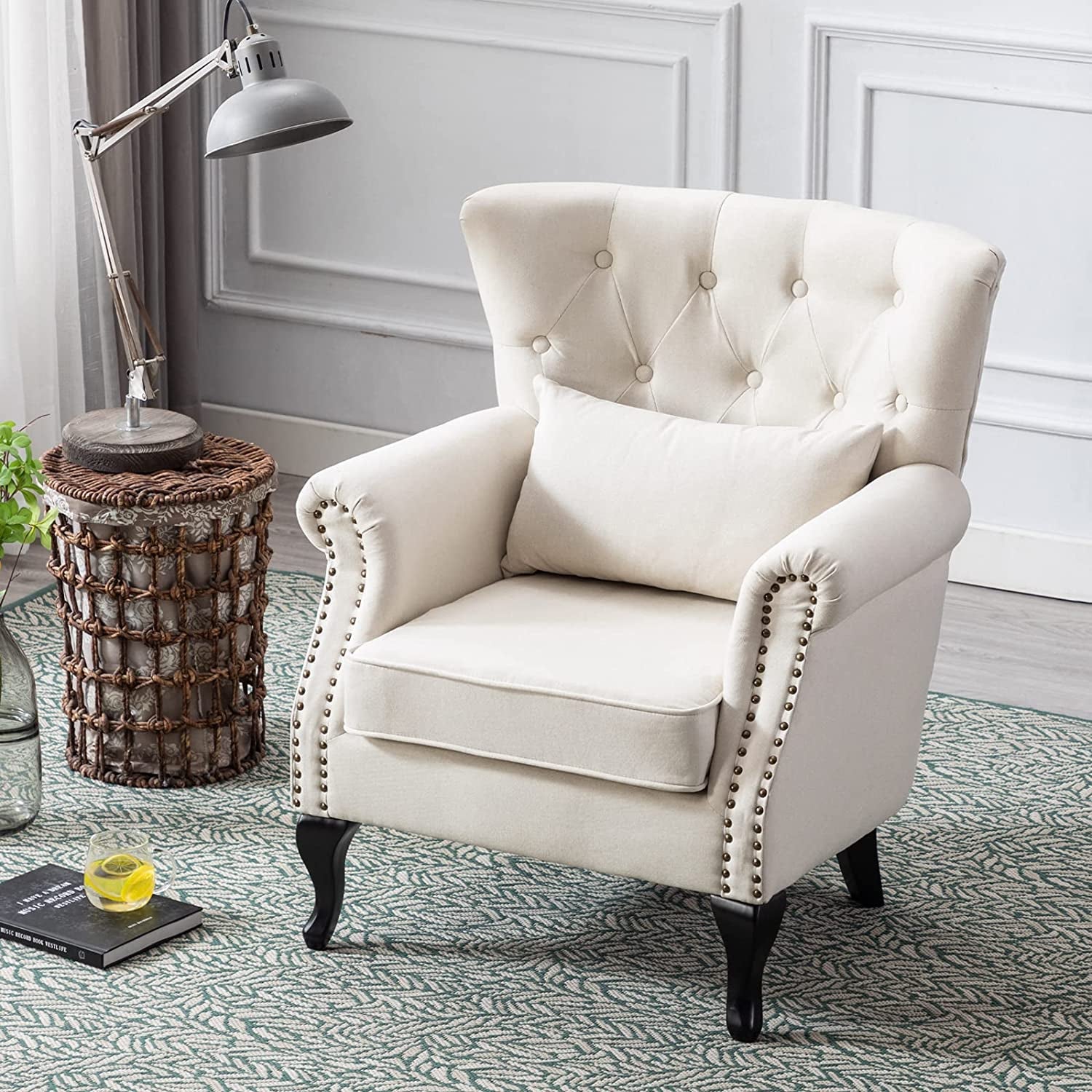 Set of 2 Mid-Century Modern Accent Chairs with Rolled Arms, Tufted Back, Linen Fabric - Hospitality World