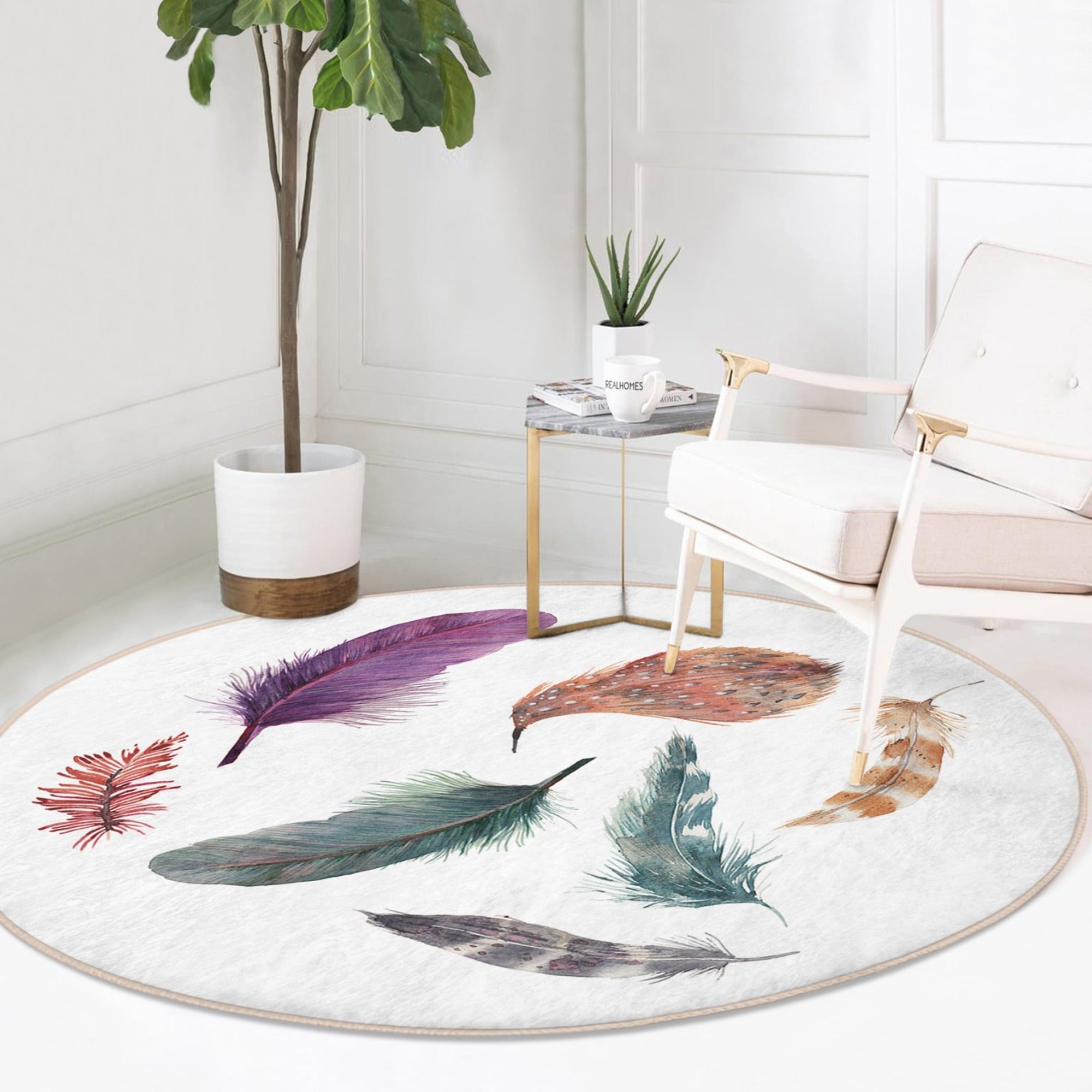 Bird Feathers Printed Decorative Round Rug - Washable Living Room Circle - Hospitality World