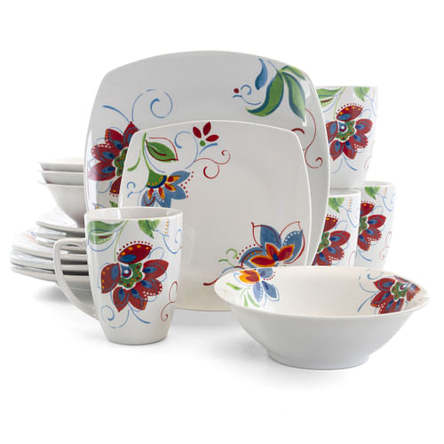 Gibson Home Altavista 16-Piece Fine Ceramic Soft Square Dinnerware Set | Floral Pattern - Hospitality World