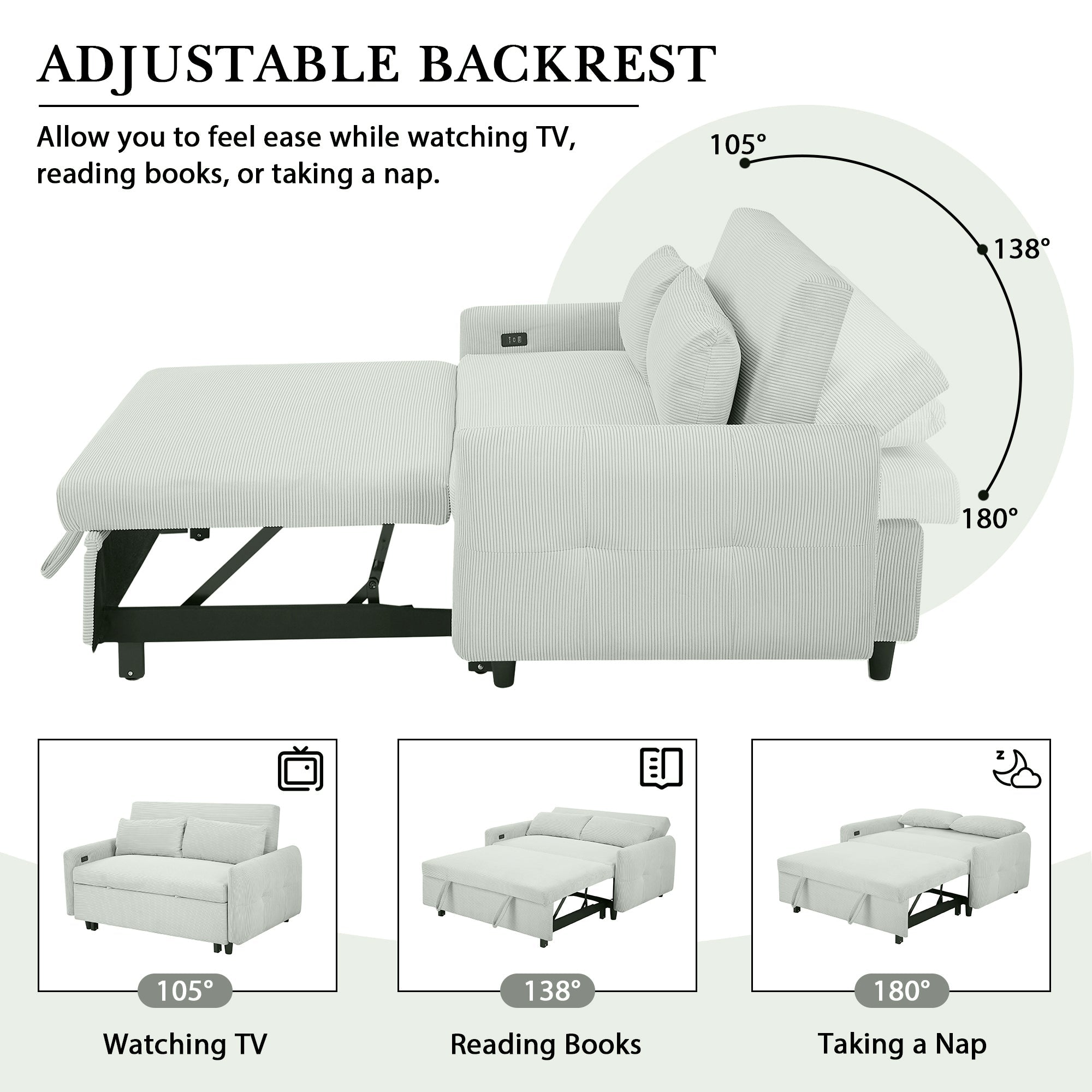 57" Modern Pull-Out Sofa Bed Loveseat with Adjustable Backrest and USB - Hospitality World