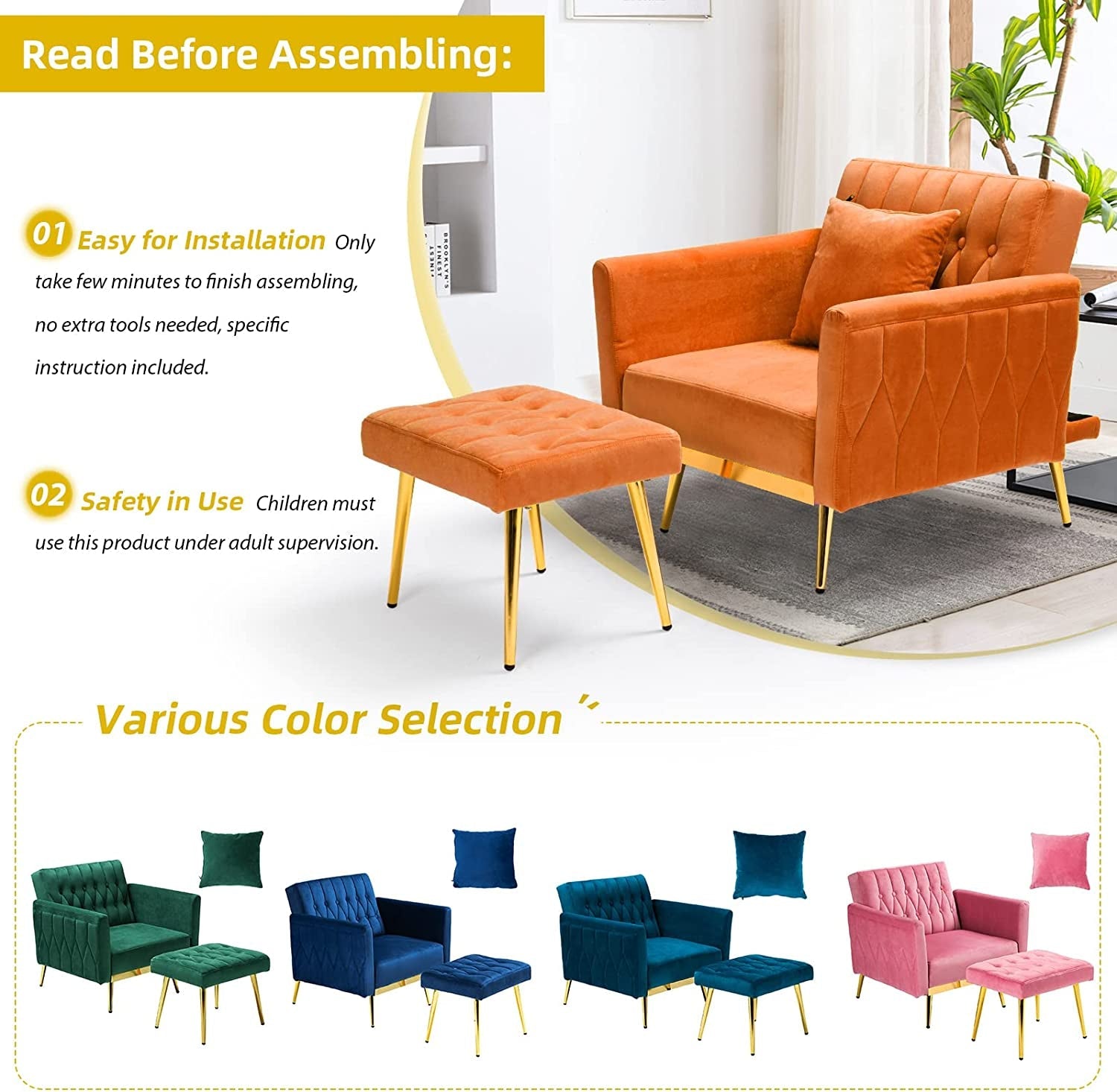 Multi-Functional Orange Velvet Accent Chair with Ottoman - Hospitality World