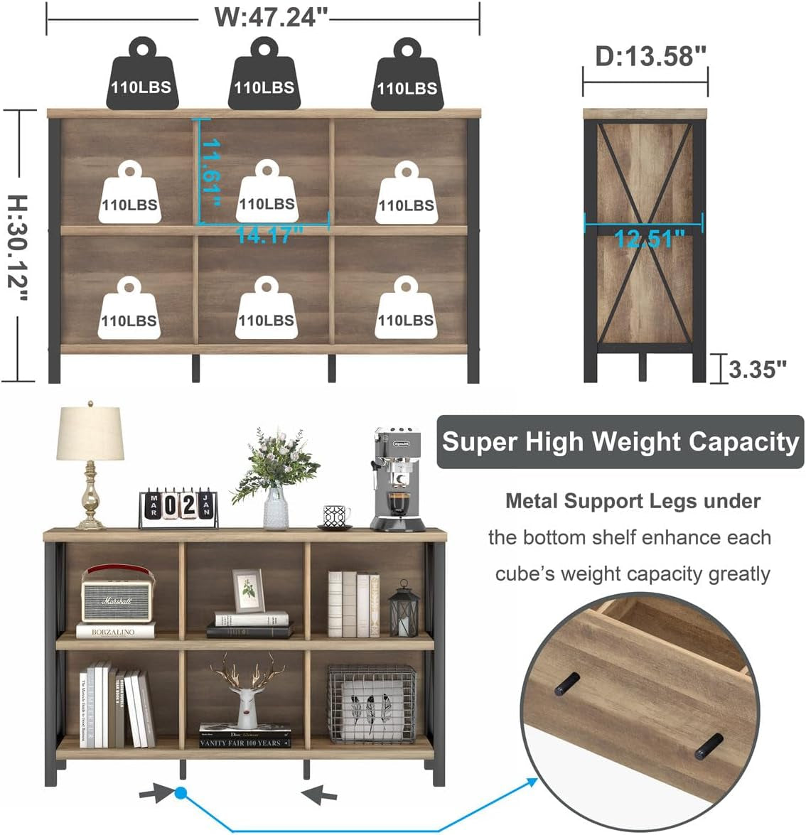 6-Cube Storage Organizer Shelf Wood and Metal Cubby - Hospitality World