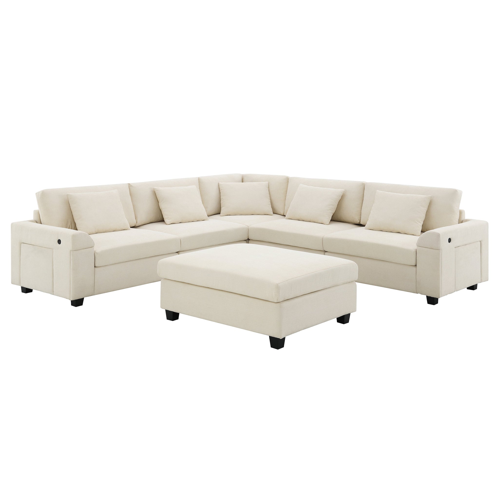 Shaped Sectional Sofa, 6 Seat Chenille Couch Set with Hidden Storage & USB - Hospitality World