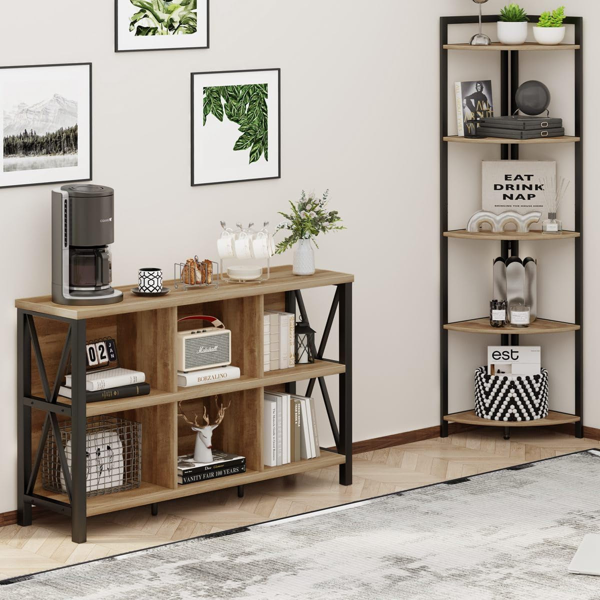 6-Cube Storage Organizer Shelf Wood and Metal Cubby - Hospitality World