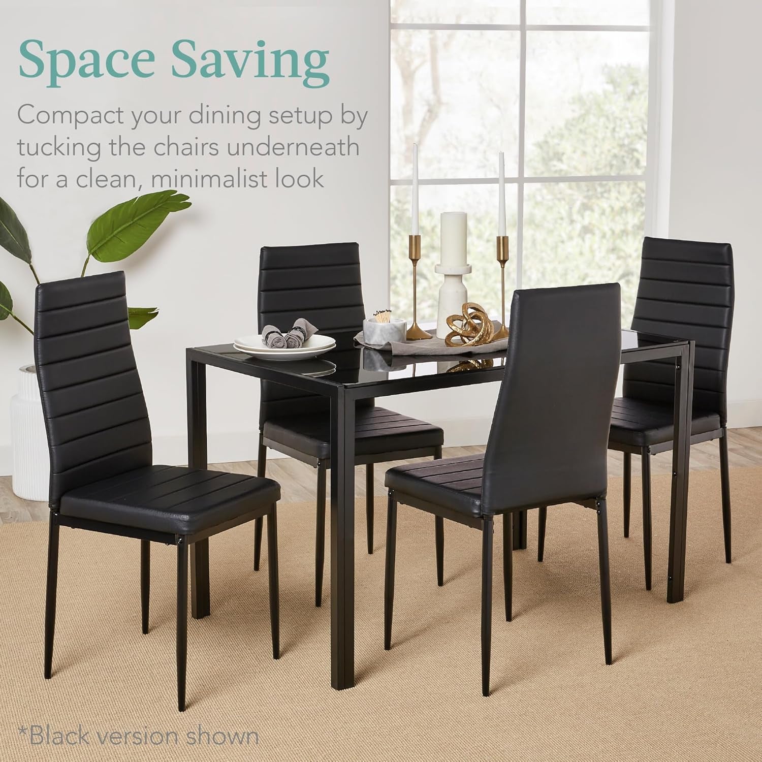 5-Piece Glass Dining Set - Modern Kitchen Table & 4 Faux Leather Chairs - Hospitality World