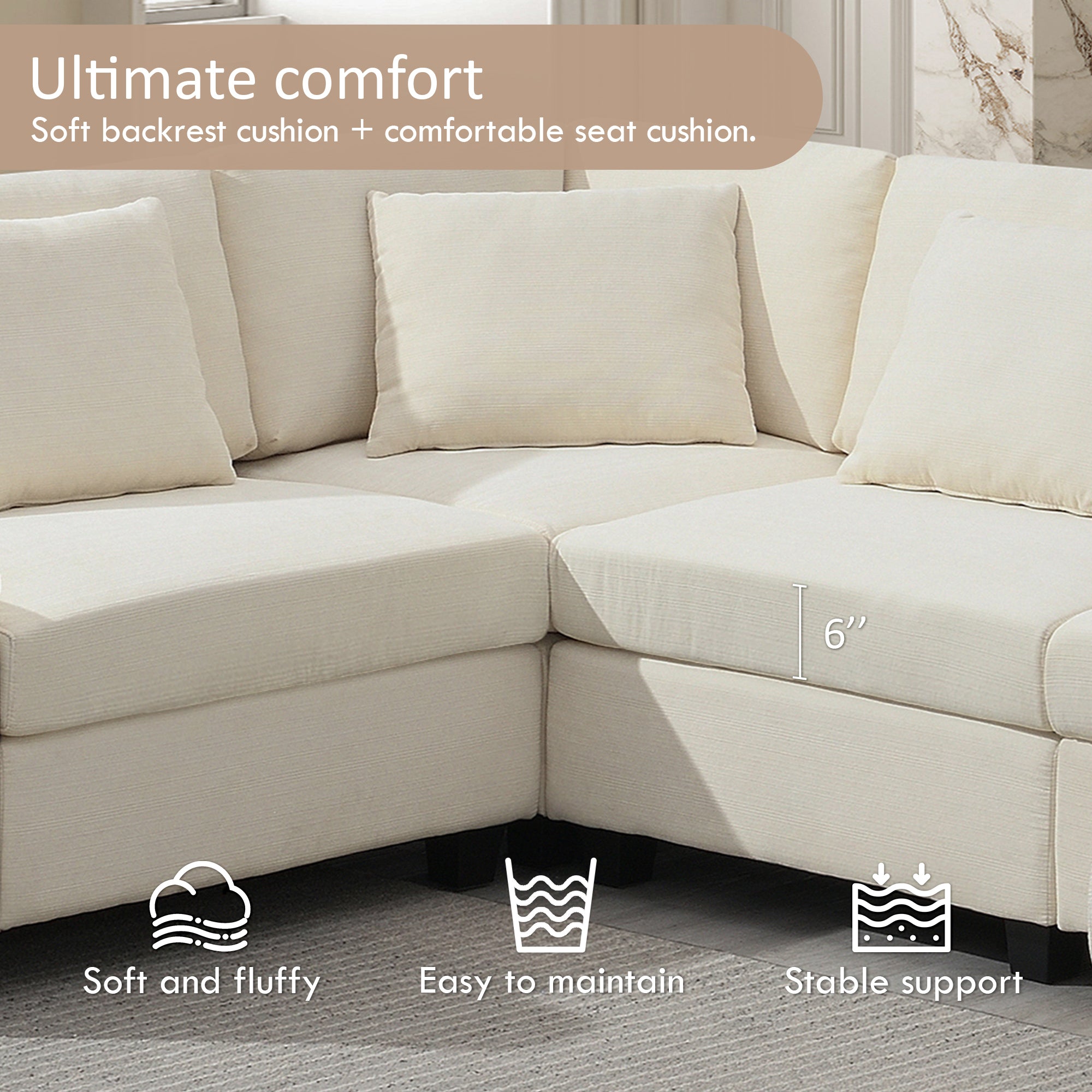 Shaped Sectional Sofa, 6 Seat Chenille Couch Set with Hidden Storage & USB - Hospitality World
