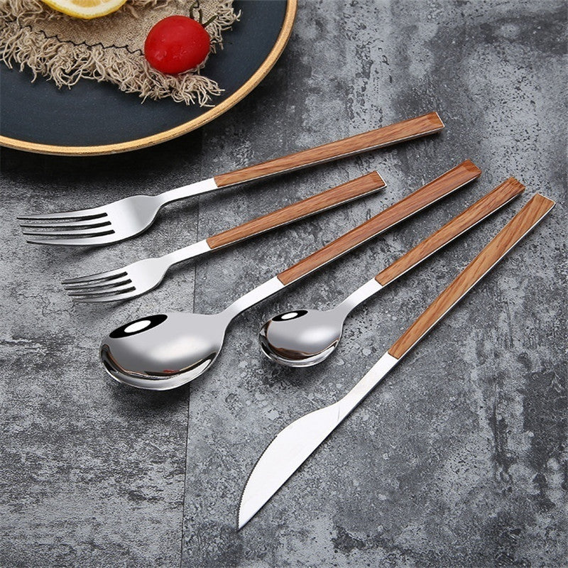 Stainless Steel Cutlery Set with Wooden Handle | 5-Piece Flatware | Western Style Dining - Hospitality World