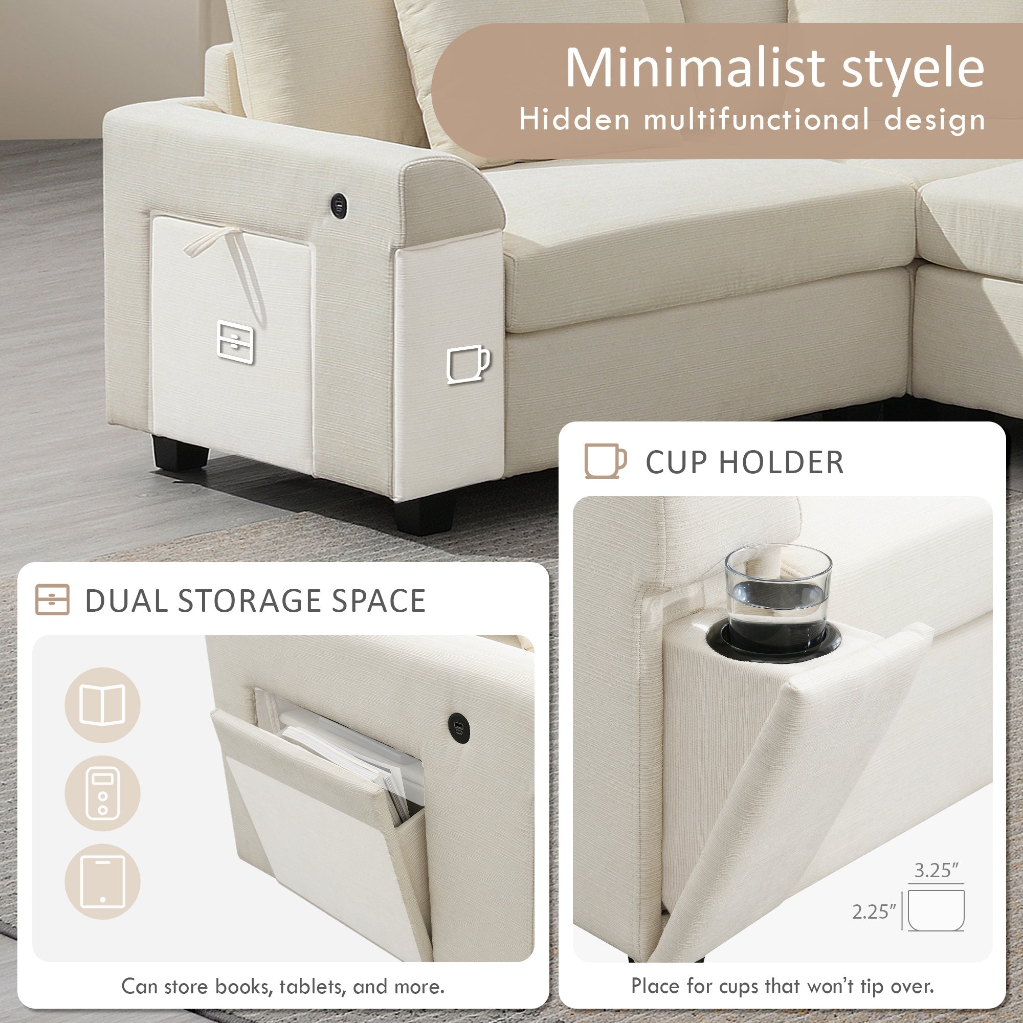 Shaped Sectional Sofa, 6 Seat Chenille Couch Set with Hidden Storage & USB - Hospitality World