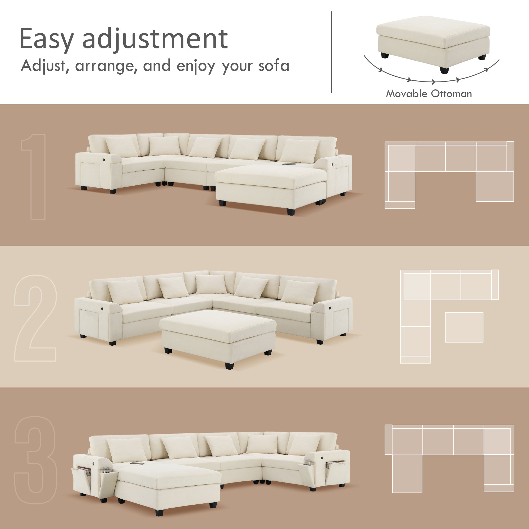 Shaped Sectional Sofa, 6 Seat Chenille Couch Set with Hidden Storage & USB - Hospitality World