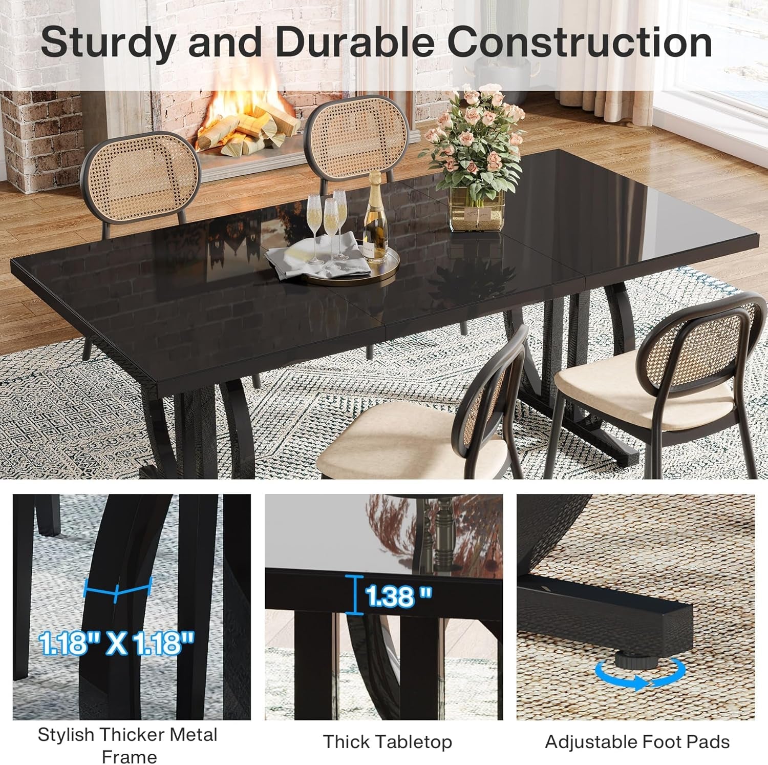 63 Inch Black Dining Table for 4-6 | Modern Industrial Kitchen & Dining Room - Hospitality World