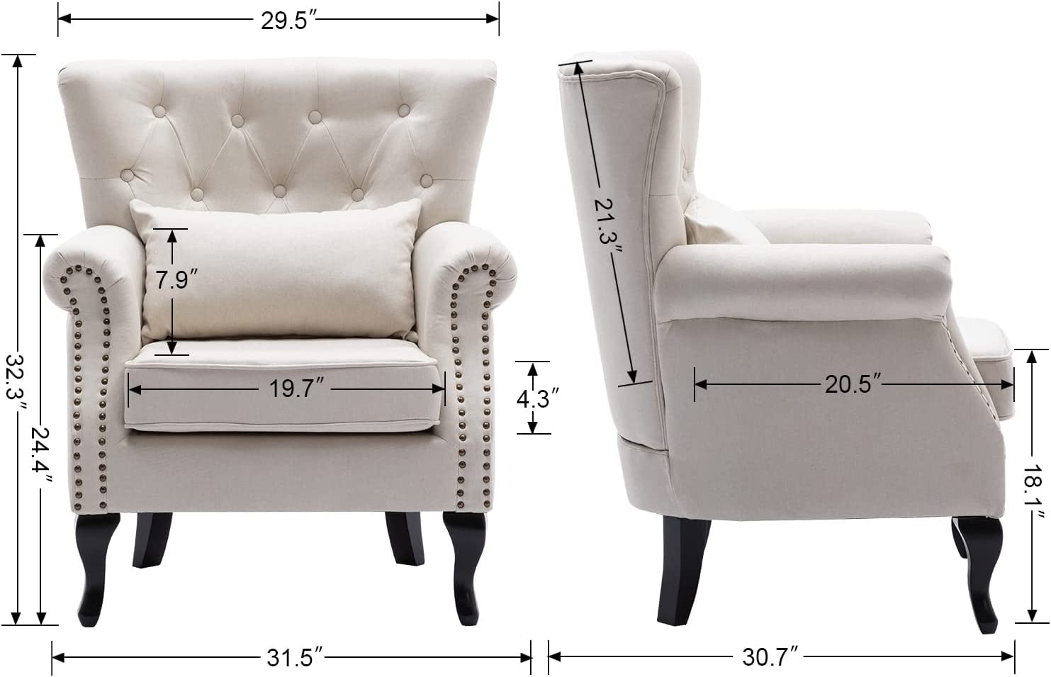 Set of 2 Mid-Century Modern Accent Chairs with Rolled Arms, Tufted Back, Linen Fabric - Hospitality World