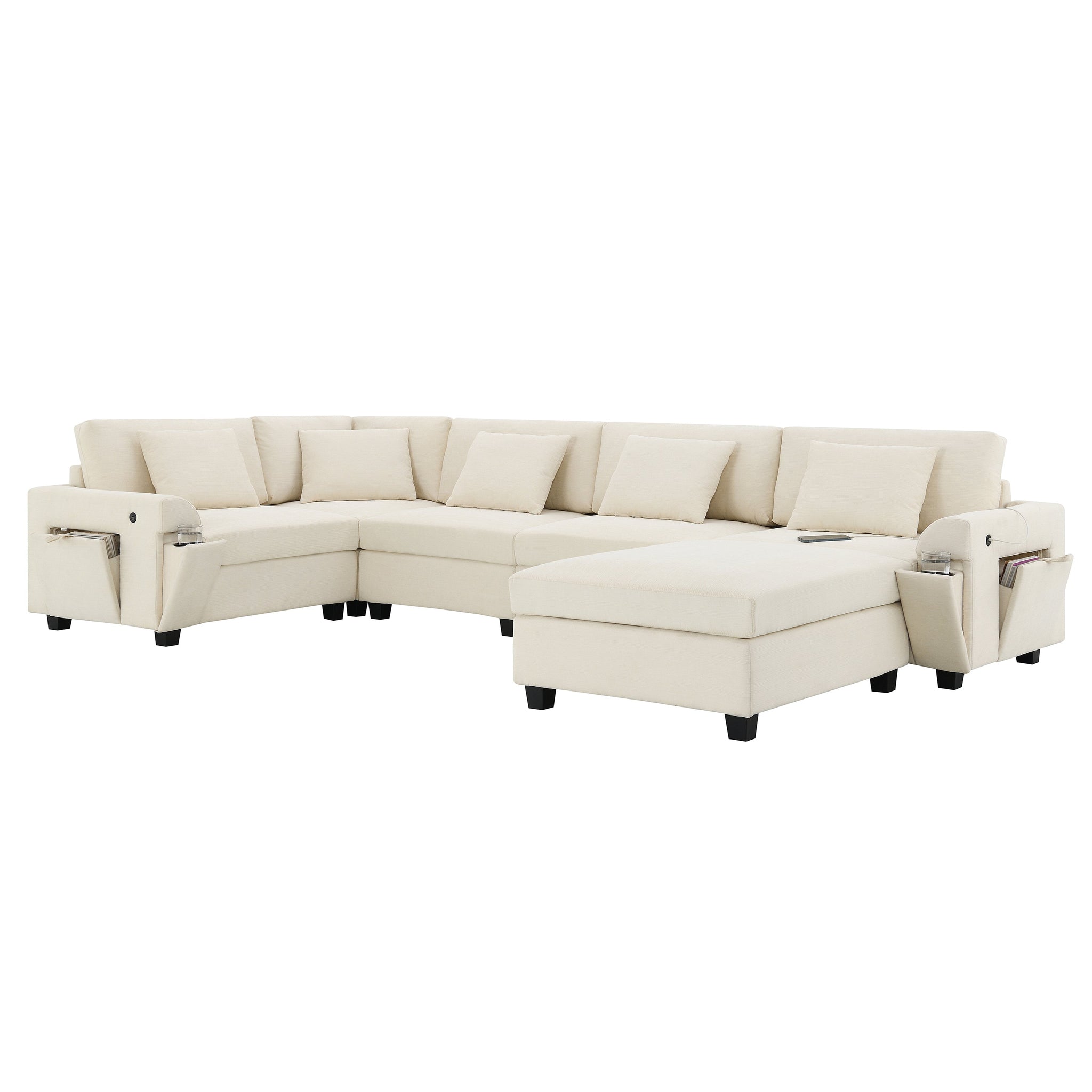 Shaped Sectional Sofa, 6 Seat Chenille Couch Set with Hidden Storage & USB - Hospitality World