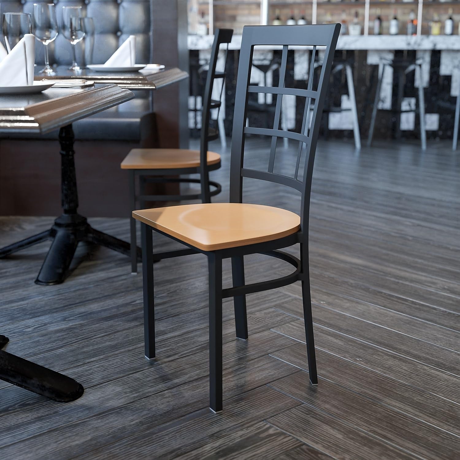 HERCULES Series Black Window Back Metal Restaurant Chair - Natural