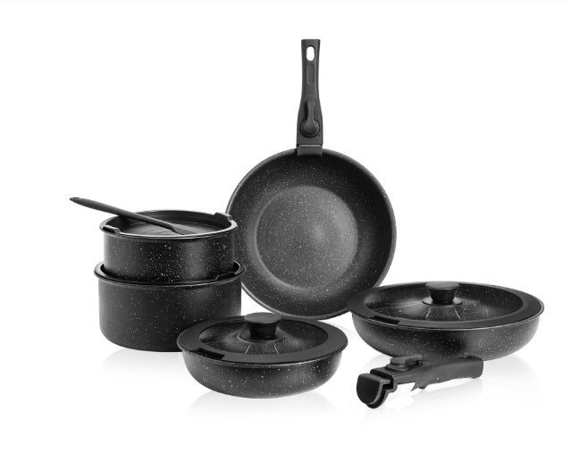 12-Piece Non-Stick Granite Cookware Set with Detachable Handles - Hospitality World