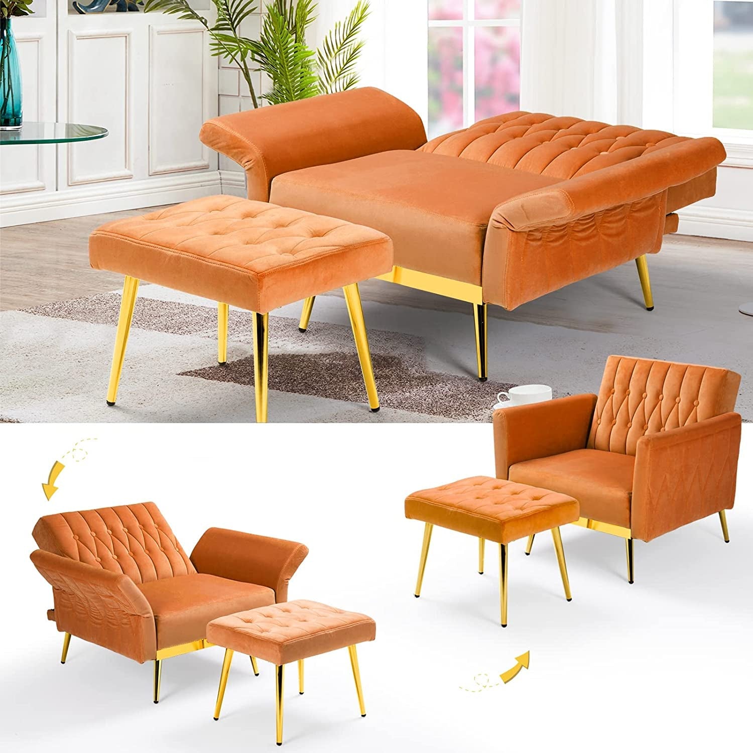 Multi-Functional Orange Velvet Accent Chair with Ottoman - Hospitality World