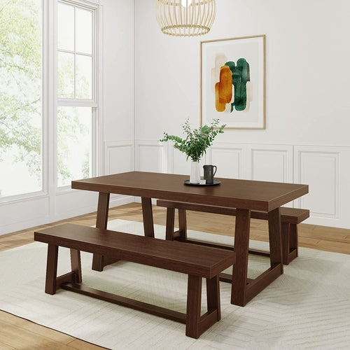 Walnut Farmhouse Dining Table Set (6-Seater) with 2 Benches - Hospitality World