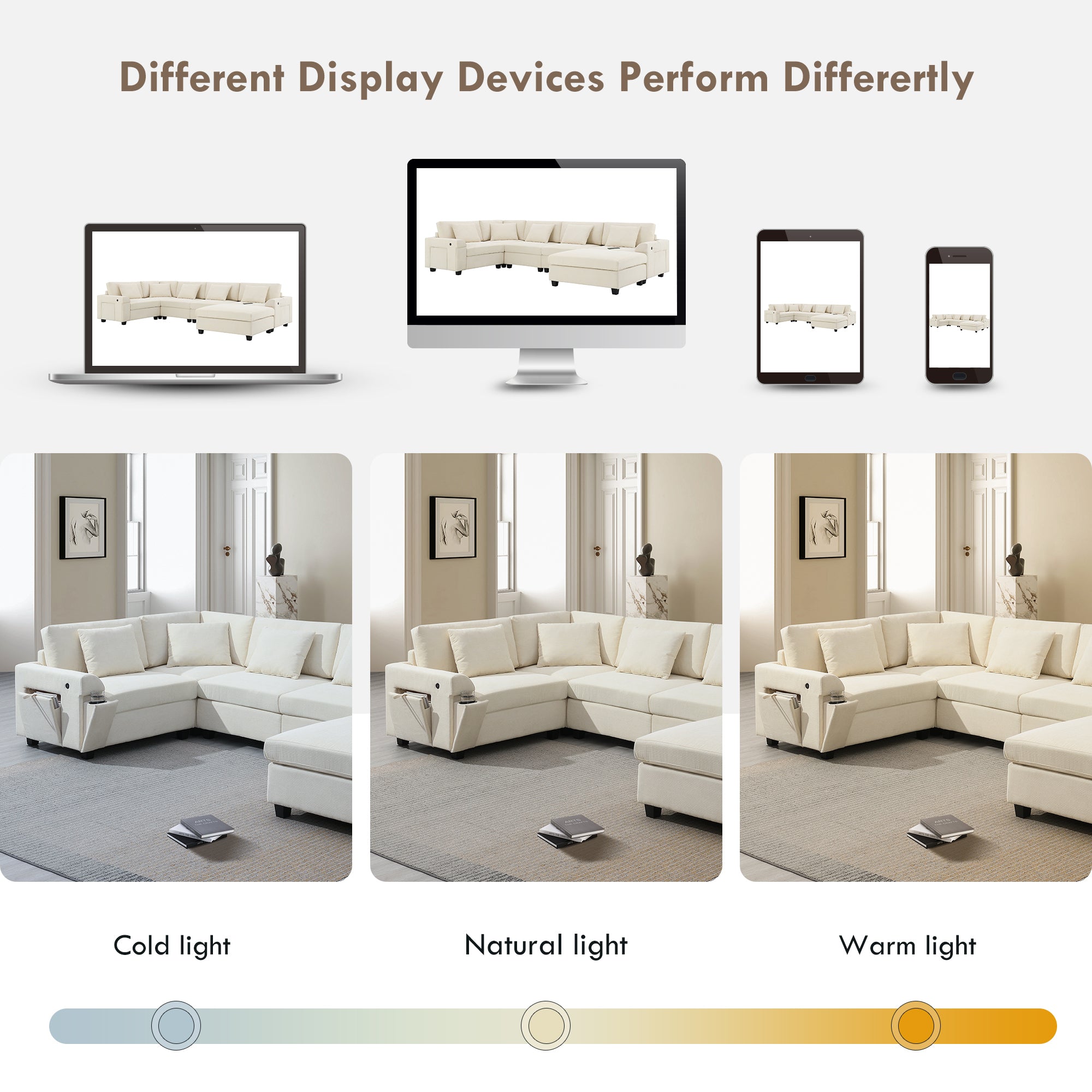 Shaped Sectional Sofa, 6 Seat Chenille Couch Set with Hidden Storage & USB - Hospitality World