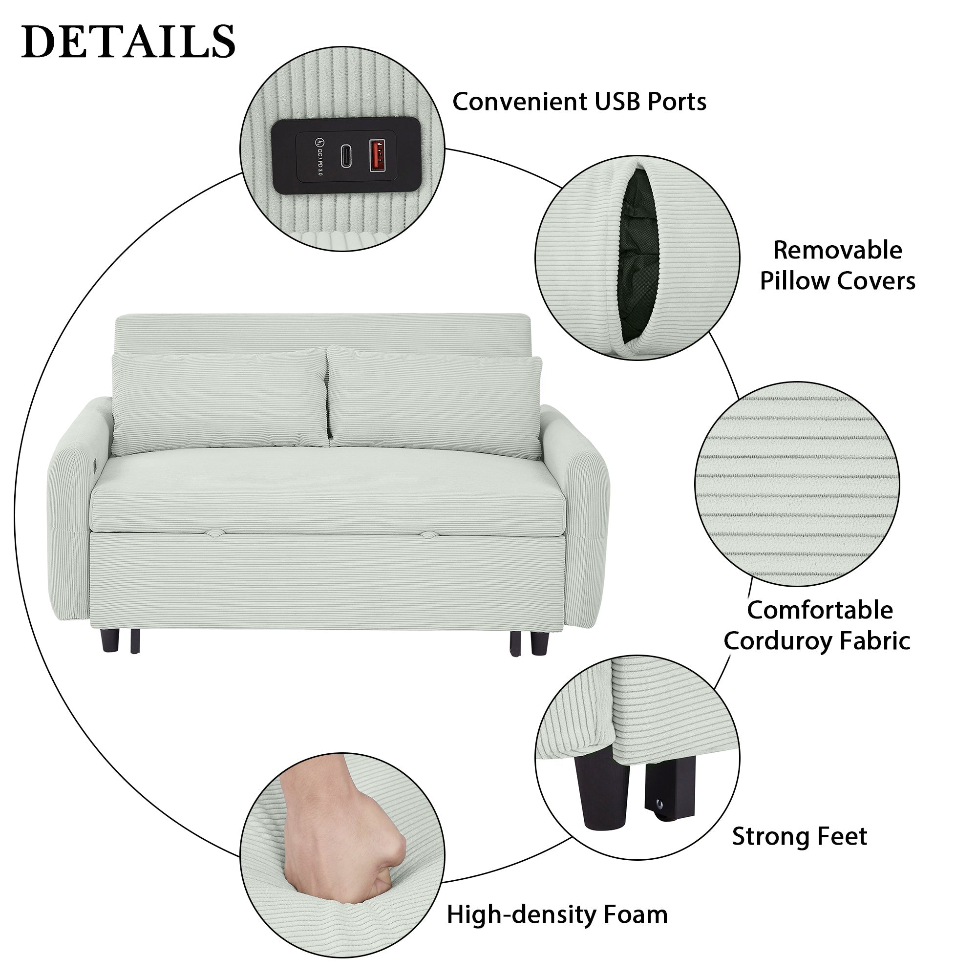 57" Modern Pull-Out Sofa Bed Loveseat with Adjustable Backrest and USB - Hospitality World