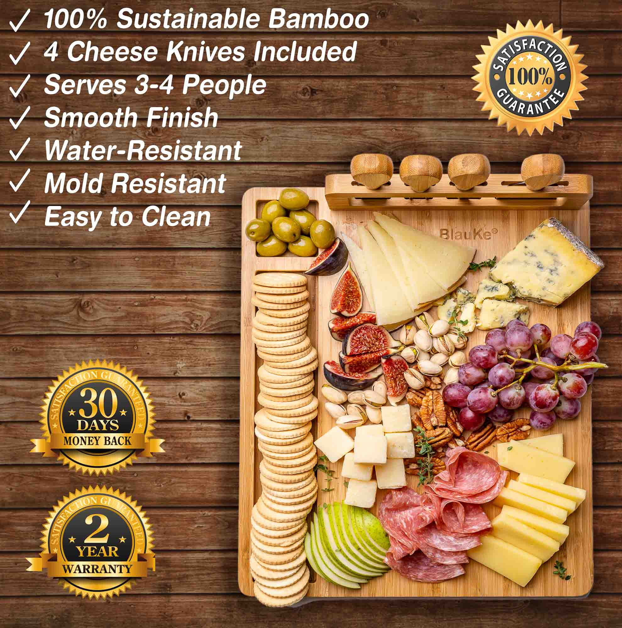 Bamboo Cheese Board and Knife Set | Charcuterie Platter with 4-Piece Cutlery - Hospitality World