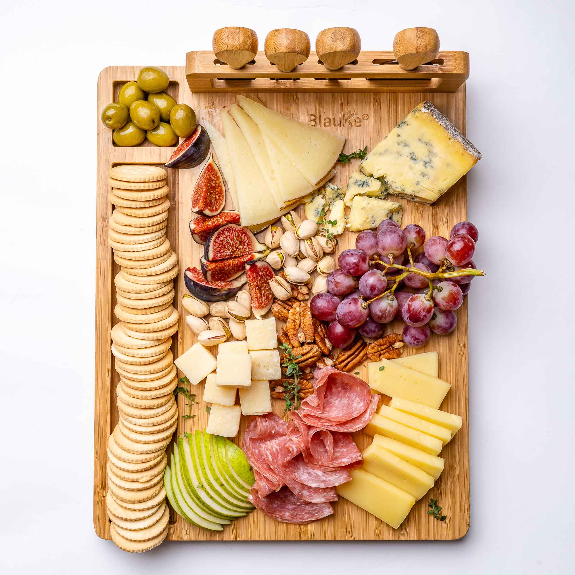 Bamboo Cheese Board and Knife Set | Charcuterie Platter with 4-Piece Cutlery - Hospitality World