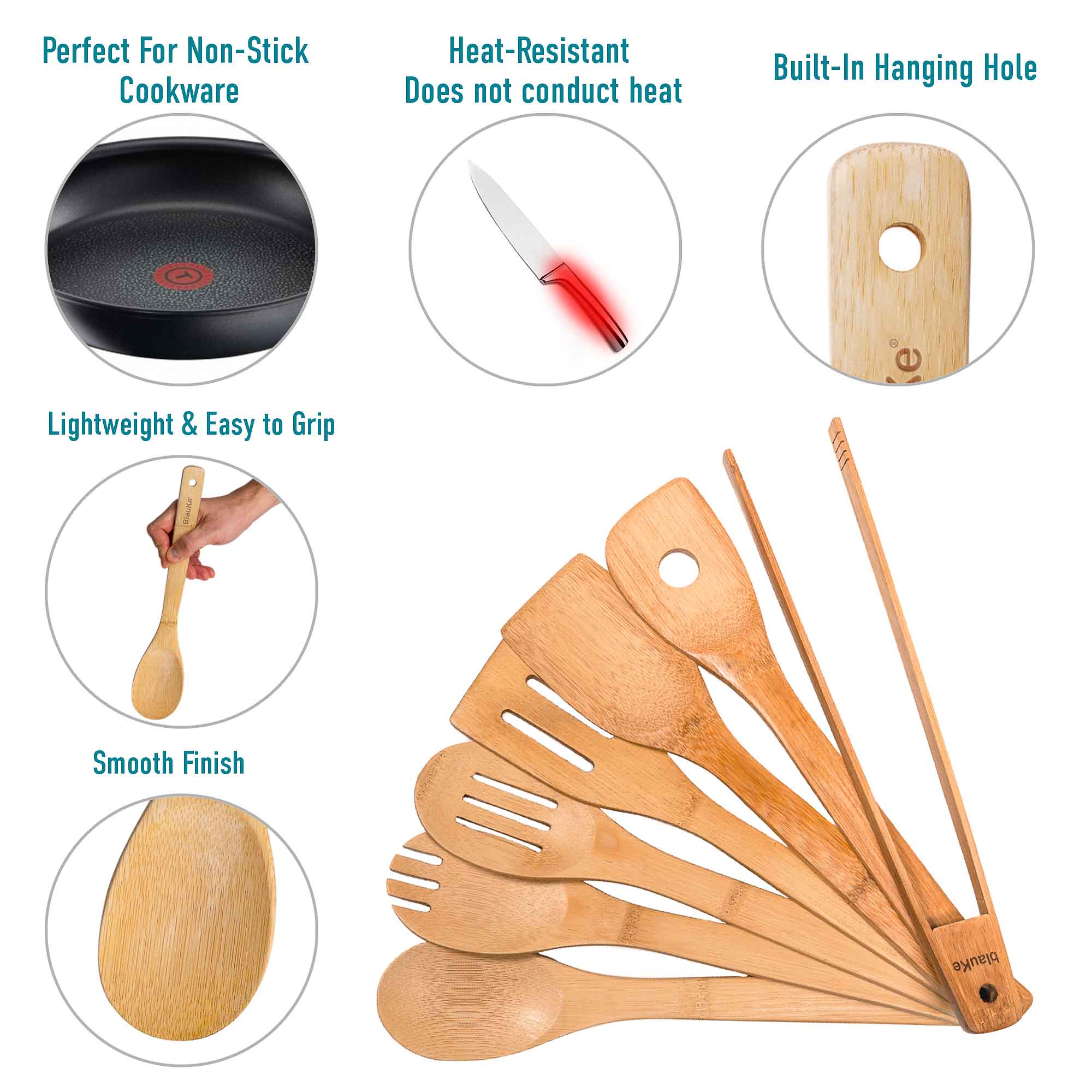 7-Piece Bamboo Kitchen Utensils Set | Wooden Spoons for Cooking - Hospitality World