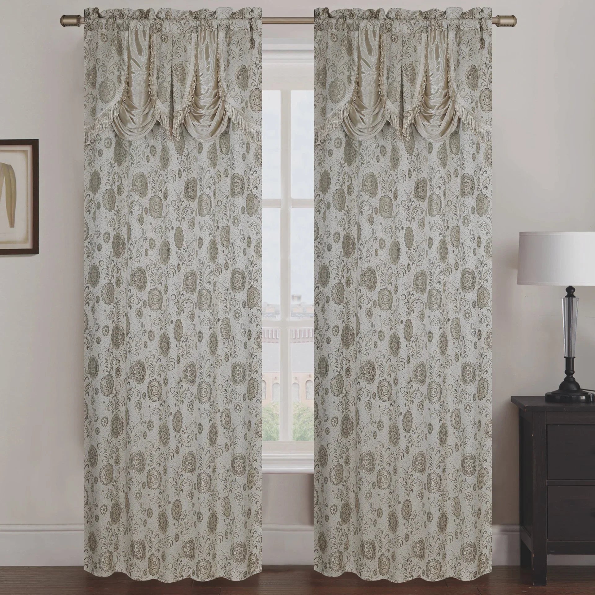 Molly Jacquard Rod Pocket Panel with Attached Valance Set of Two -