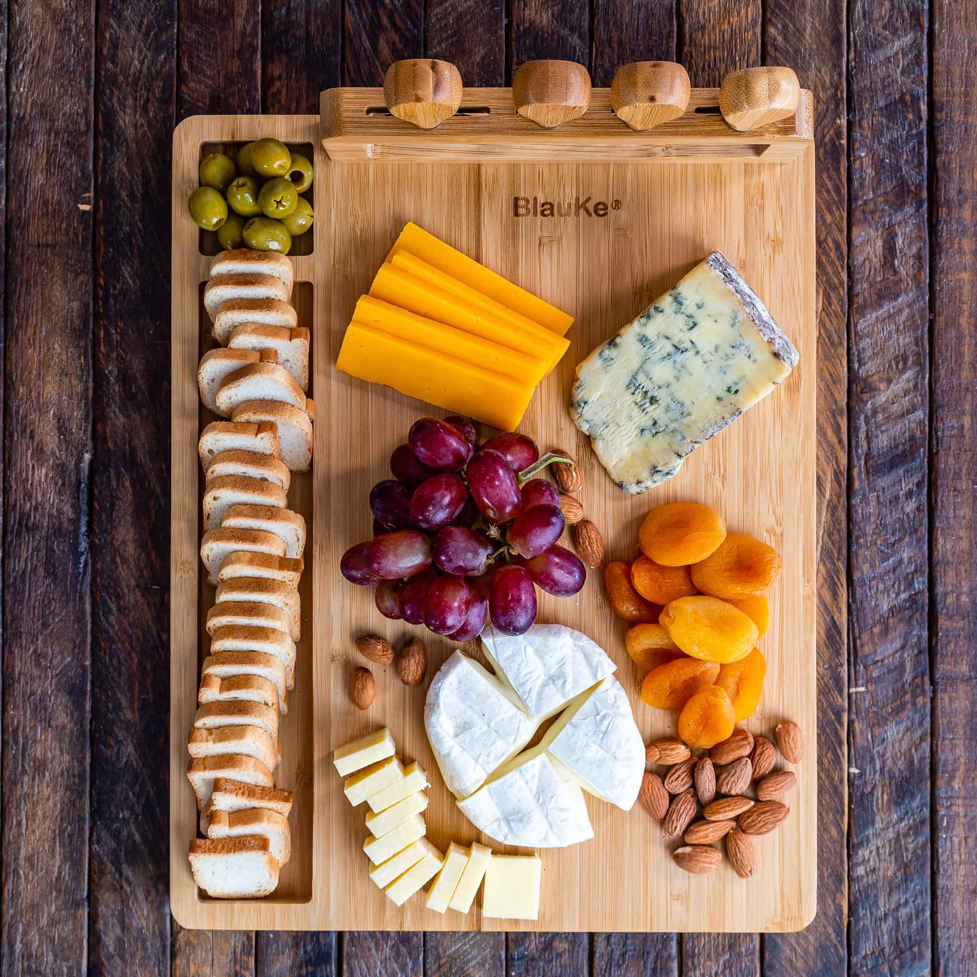 Bamboo Cheese Board and Knife Set | Charcuterie Platter with 4-Piece Cutlery - Hospitality World