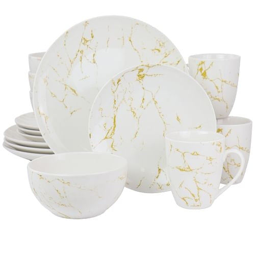 Elama Fine Marble 16 Piece Stoneware Dinnerware Set | Gold and White Design - Hospitality World