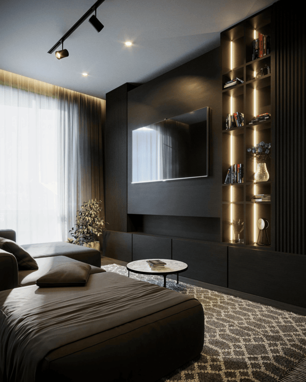 Modern living room with dark wood paneling, a TV, and decorative shelves.