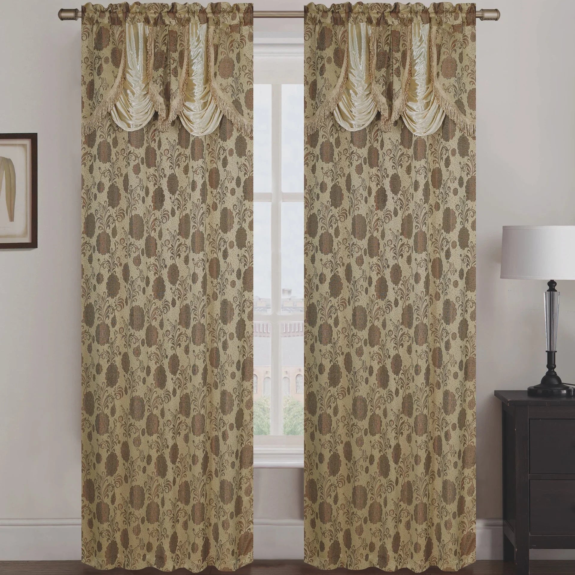 Molly Jacquard Rod Pocket Panel with Attached Valance Set of Two -