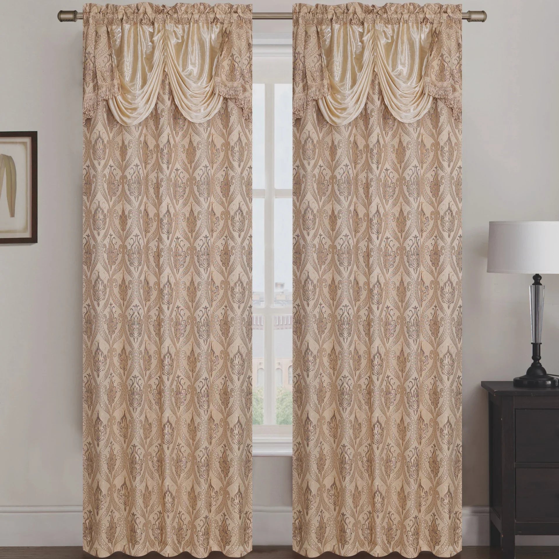 Rebecca Jacquard Rod Pocket Panel with Attached Valance Set of Two -