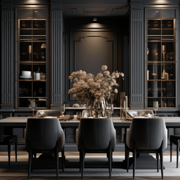 Modern dining room with dark wood cabinets, a long table, and gray chairs.