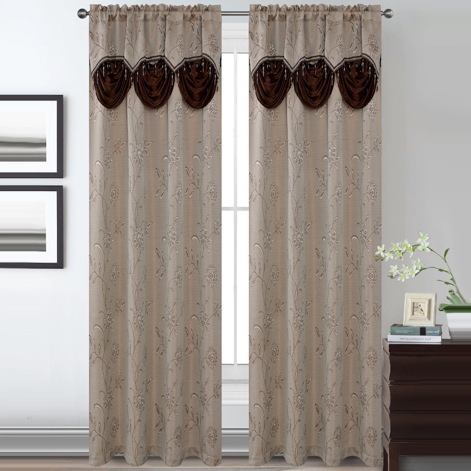 Lucia Jacquard Rod Pocket Panel with Attached Valance Set of Two -