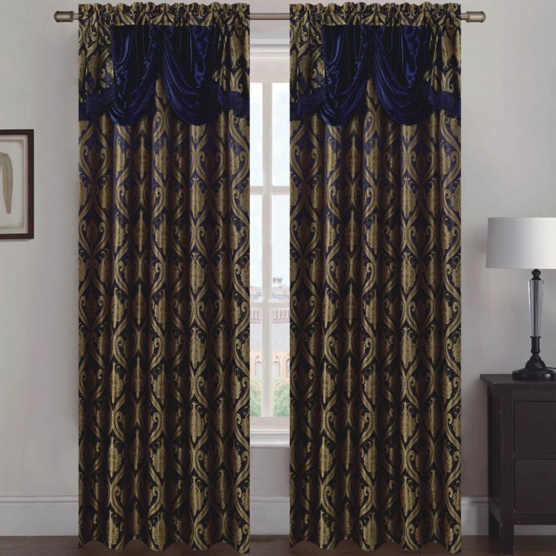 Rebecca Jacquard Rod Pocket Panel with Attached Valance Set of Two -