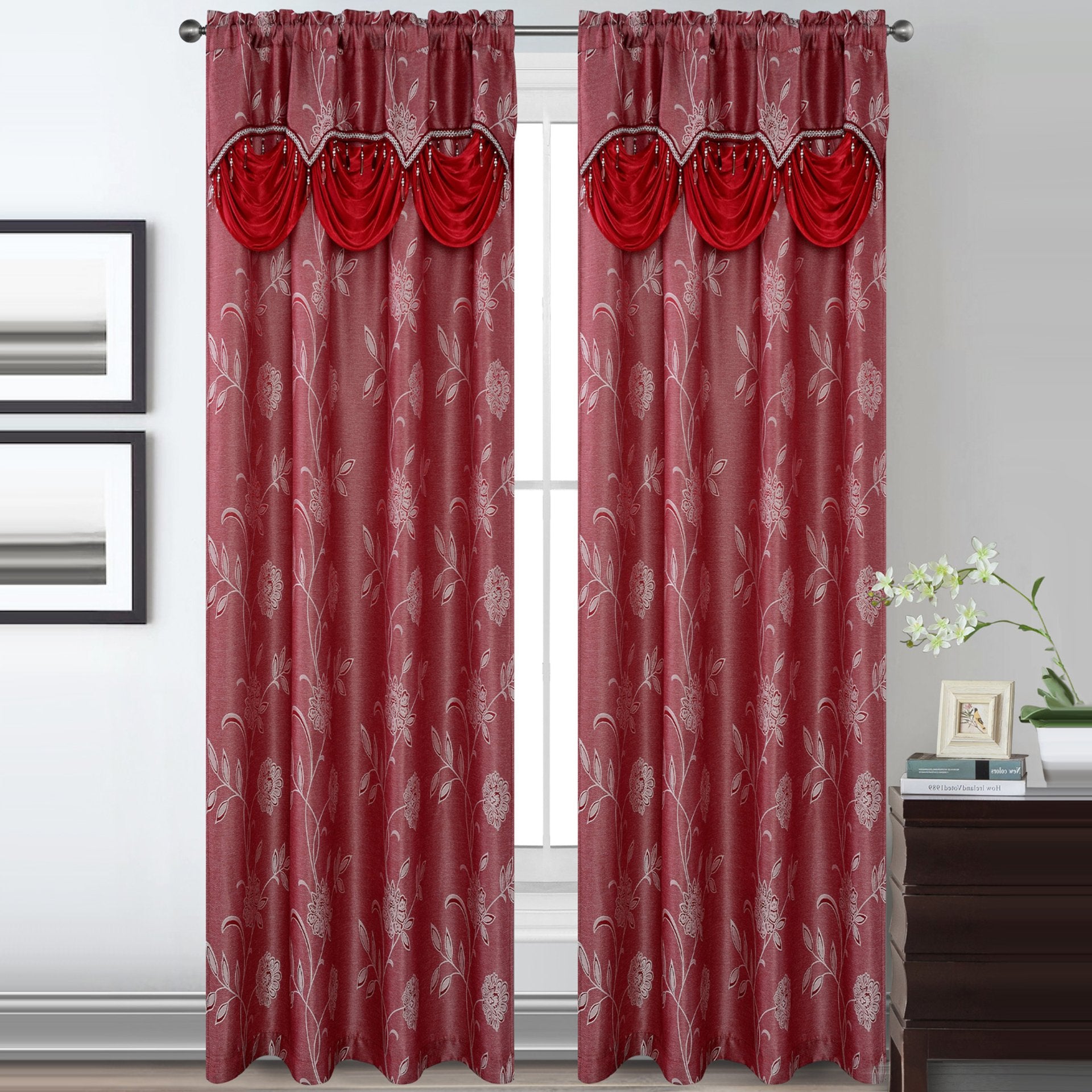 Lucia Jacquard Rod Pocket Panel with Attached Valance Set of Two -