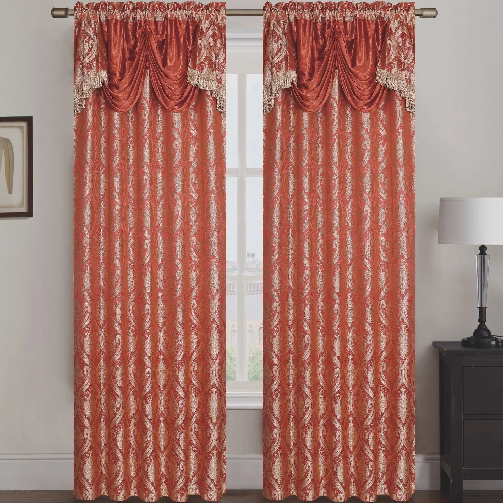 Rebecca Jacquard Rod Pocket Panel with Attached Valance Set of Two -