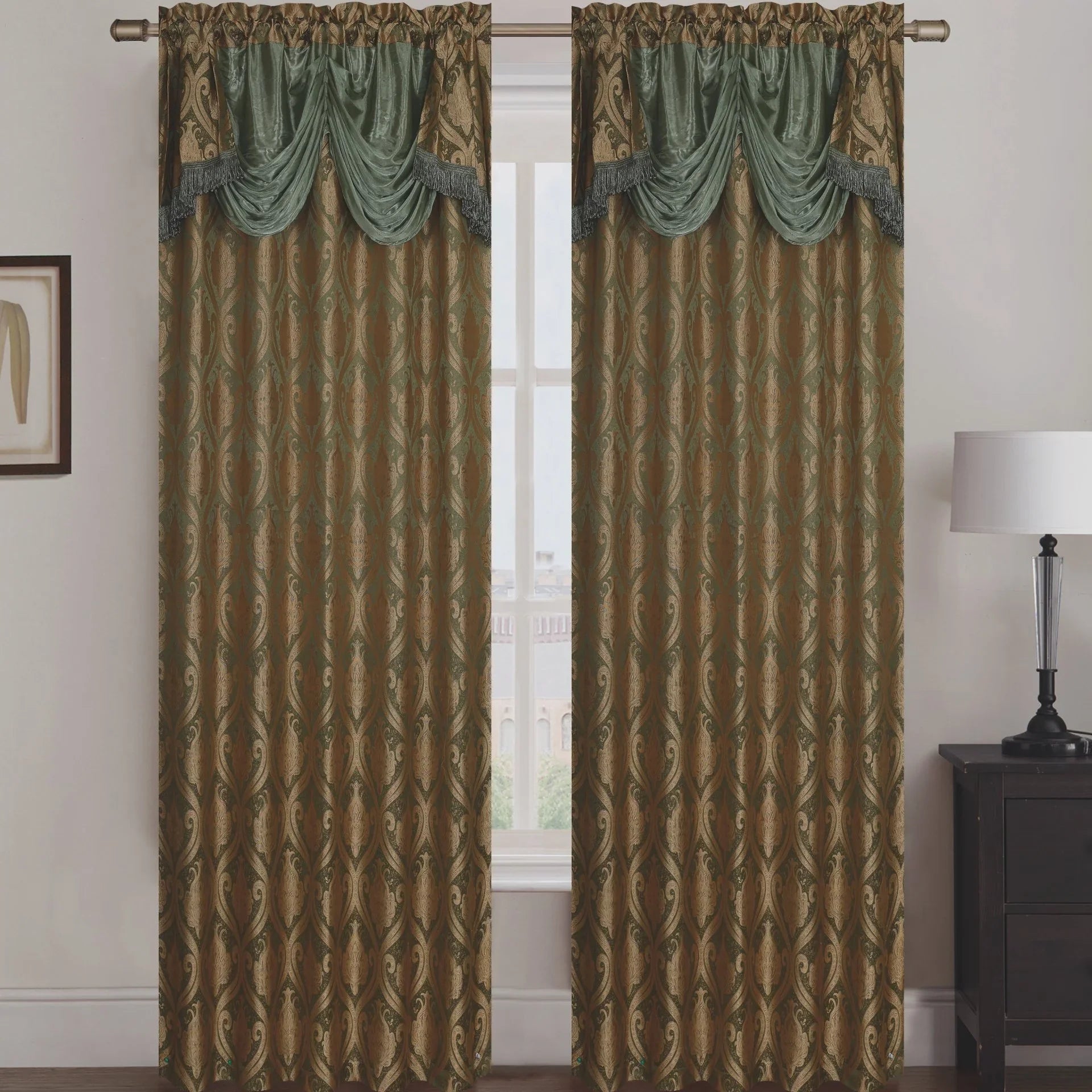 Rebecca Jacquard Rod Pocket Panel with Attached Valance Set of Two -
