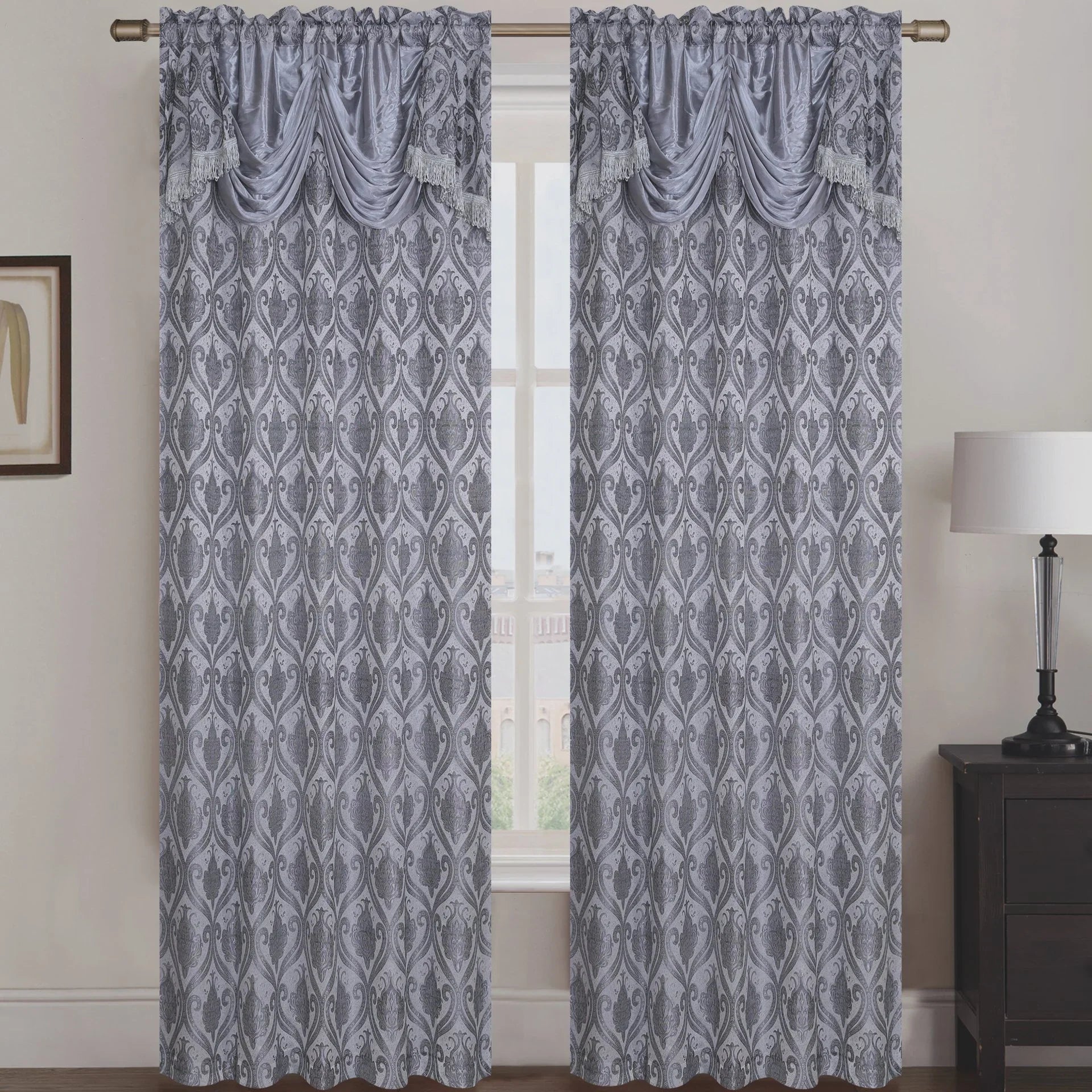 Rebecca Jacquard Rod Pocket Panel with Attached Valance Set of Two -