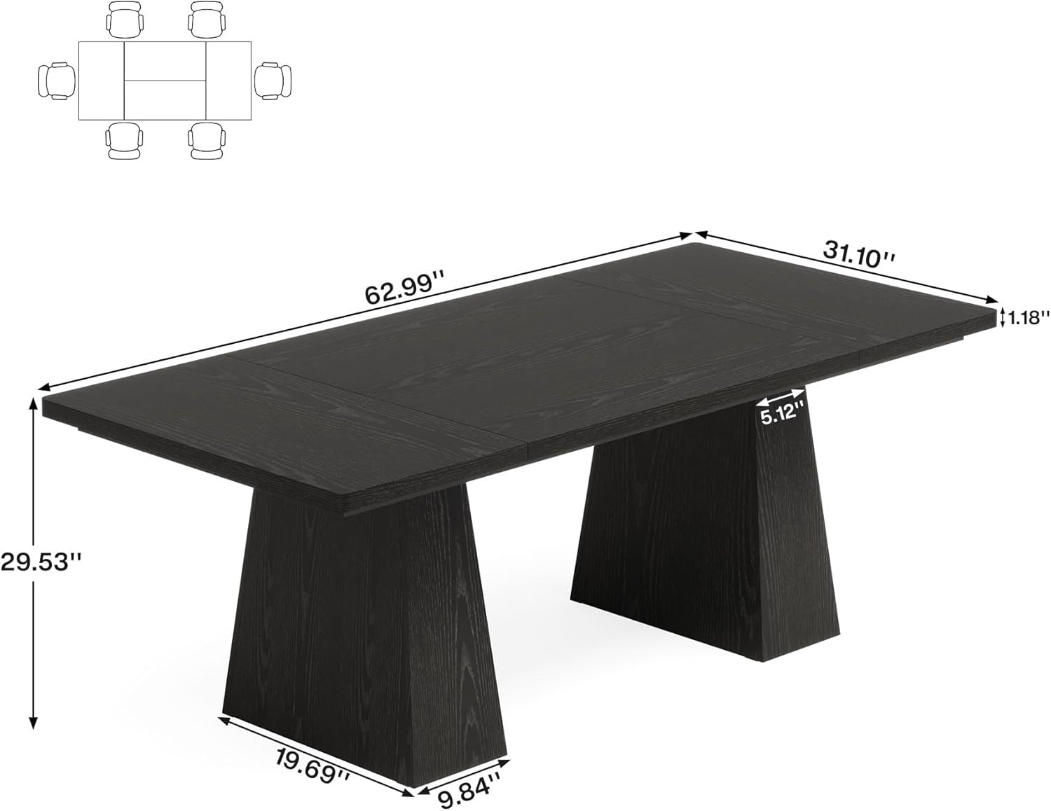 63 Inch Black Dining Table for 4-6 | Modern Kitchen & Office Table with Sturdy Legs - Hospitality World