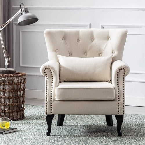 Set of 2 Mid-Century Modern Accent Chairs with Rolled Arms, Tufted Back, Linen Fabric - Hospitality World