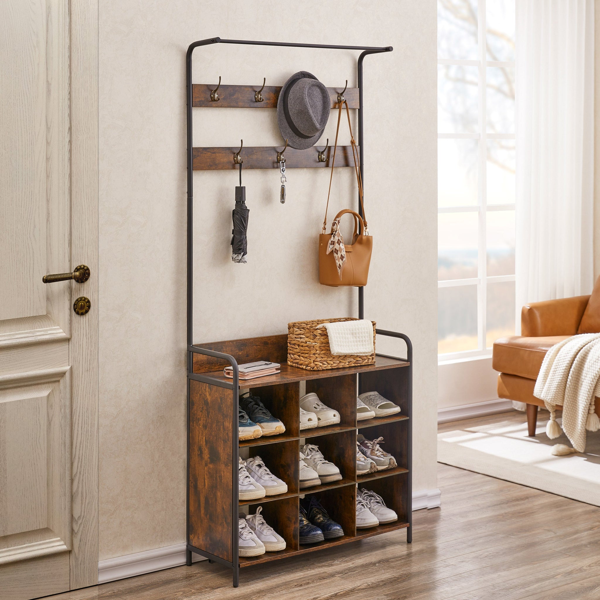 3-in-1 Hall Tree Coat Rack with Bench & Shoe Storage for Entryway - Hospitality World