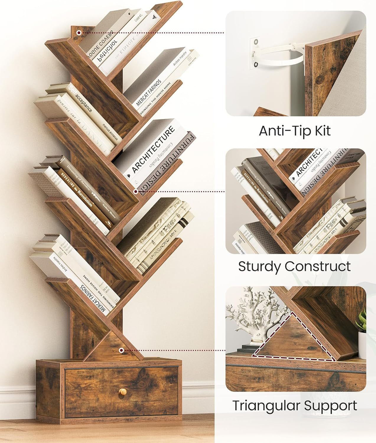 9-Tier Tree Bookshelf with Storage Drawer - Hospitality World