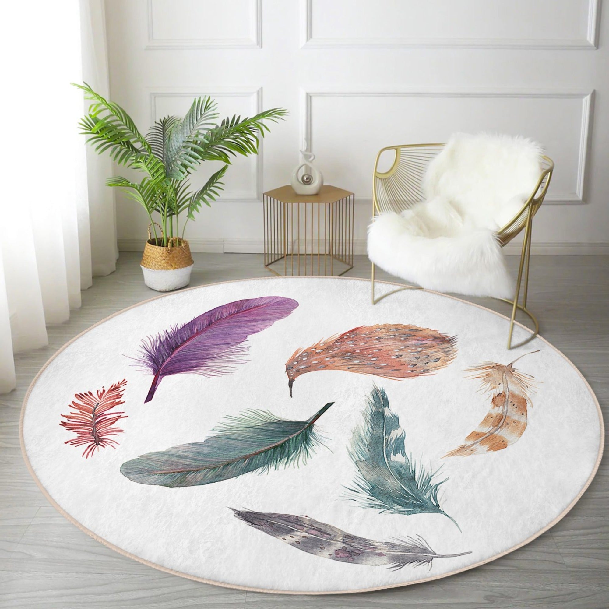 Bird Feathers Printed Decorative Round Rug - Washable Living Room Circle - Hospitality World