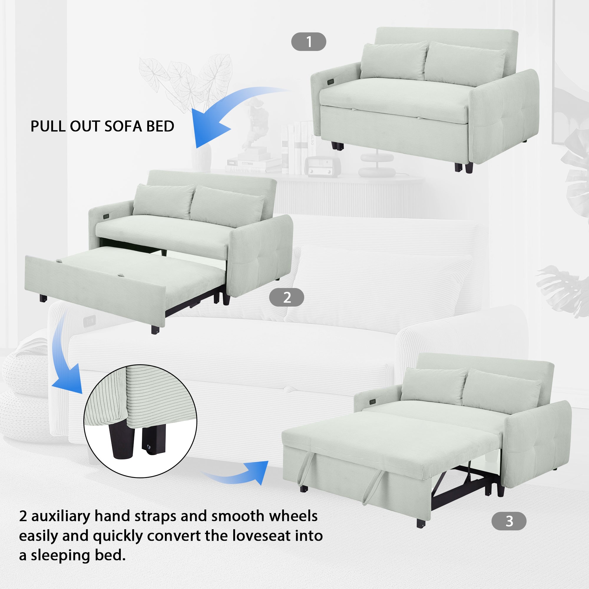 57" Modern Pull-Out Sofa Bed Loveseat with Adjustable Backrest and USB - Hospitality World