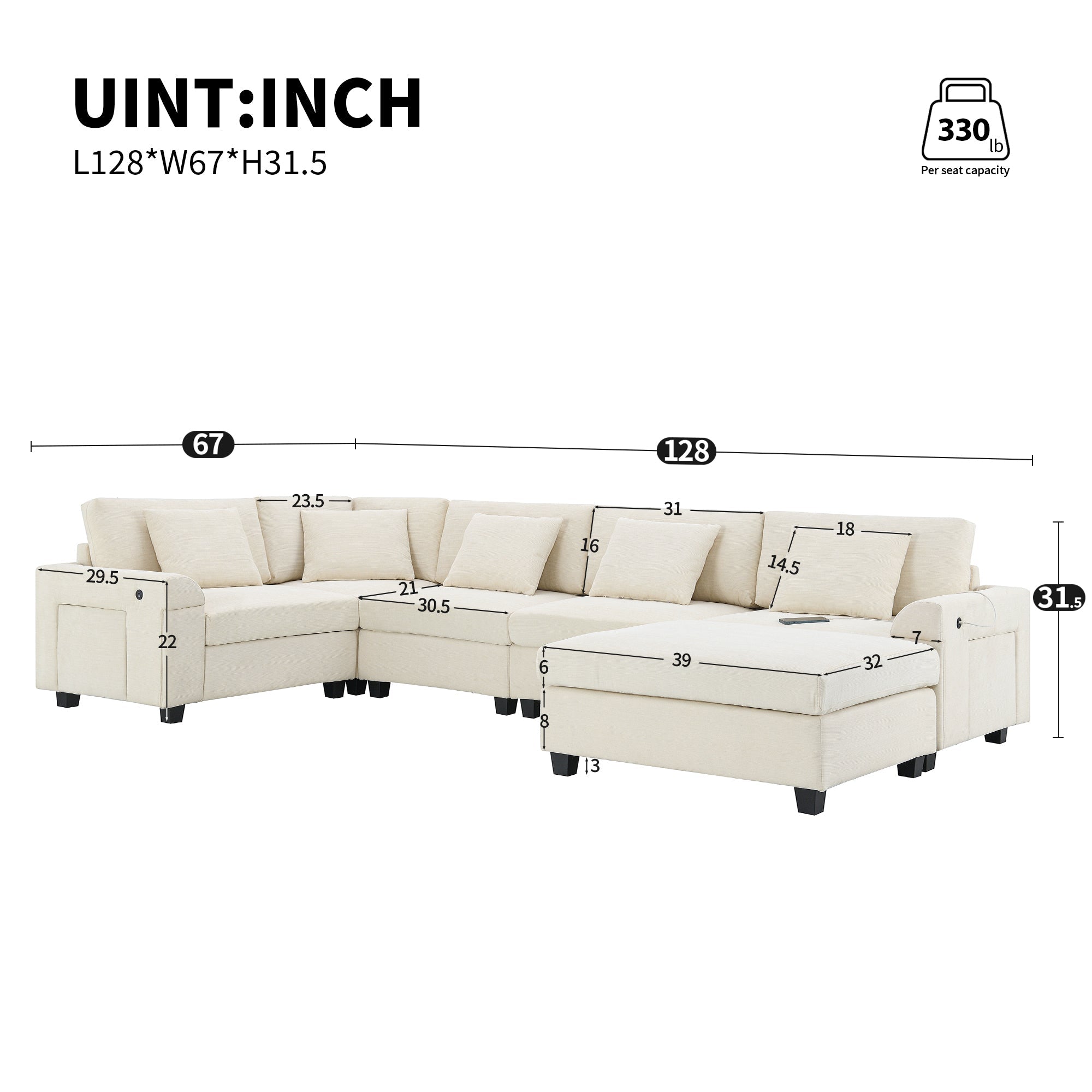 Shaped Sectional Sofa, 6 Seat Chenille Couch Set with Hidden Storage & USB - Hospitality World