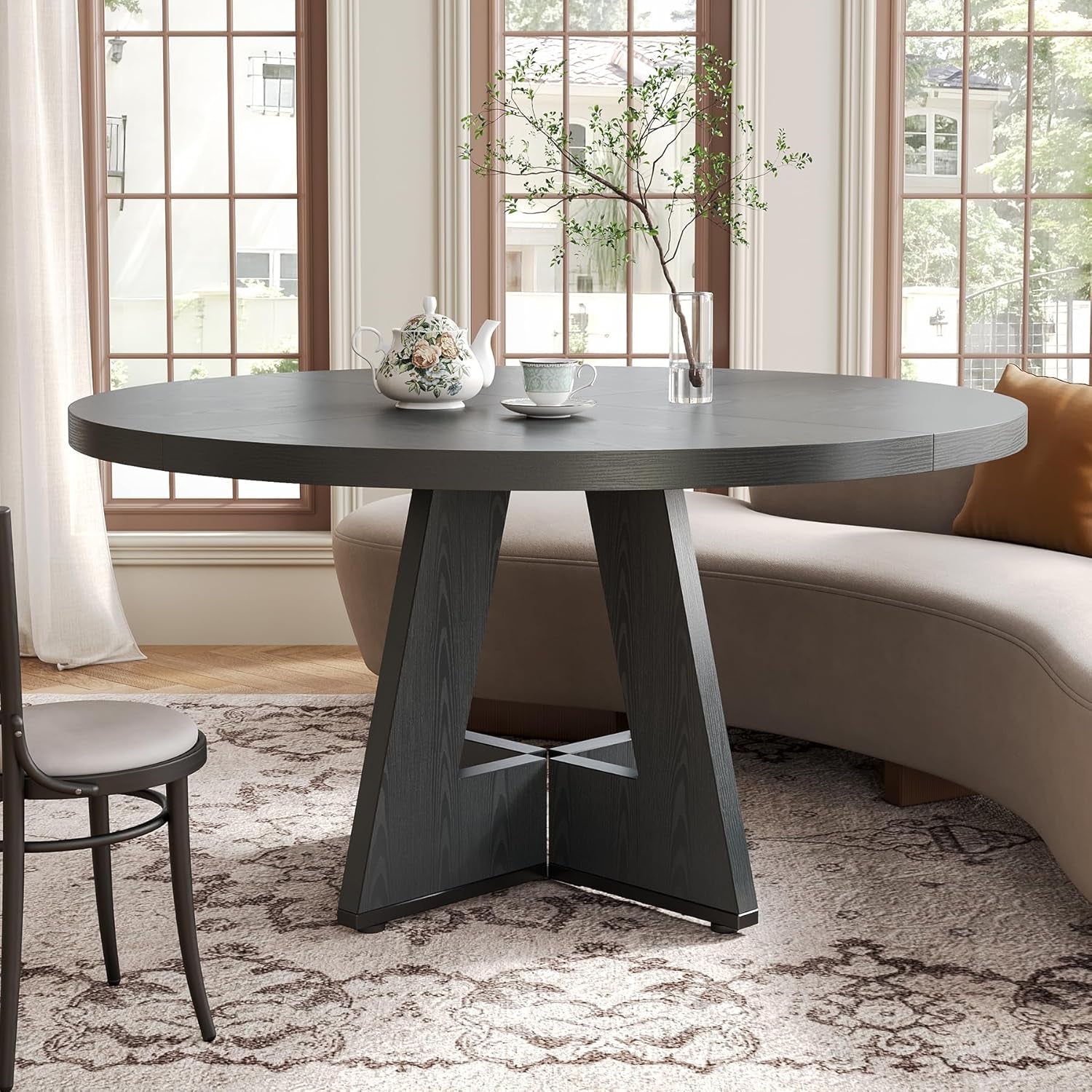 47 Inch Round Dining Table for 4-6 | Modern Farmhouse Pedestal Base Kitchen Table - Hospitality World