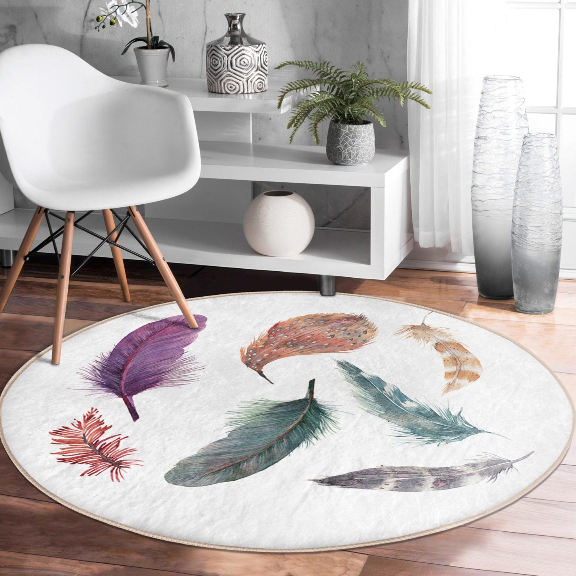 Bird Feathers Printed Decorative Round Rug - Washable Living Room Circle - Hospitality World