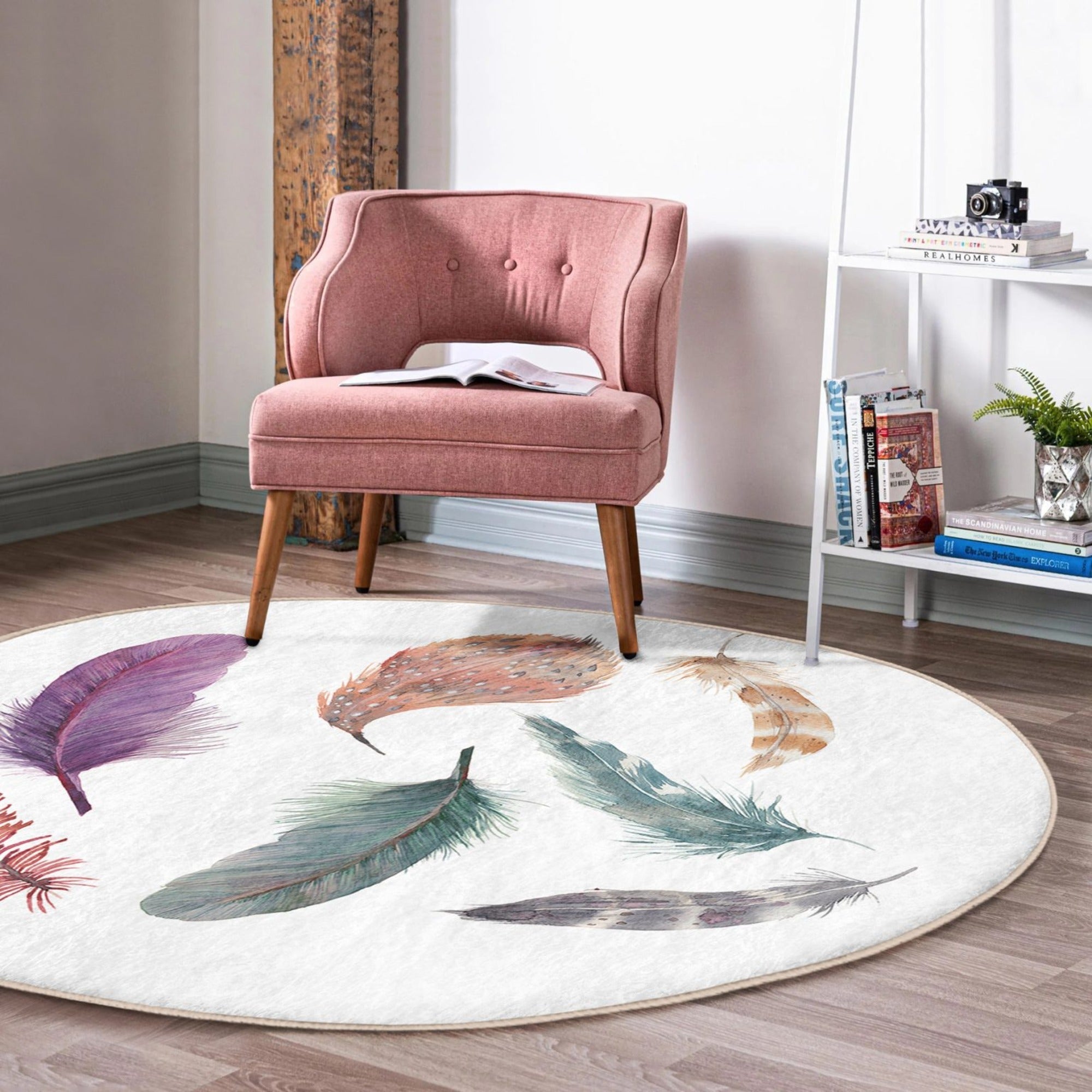 Bird Feathers Printed Decorative Round Rug - Washable Living Room Circle - Hospitality World