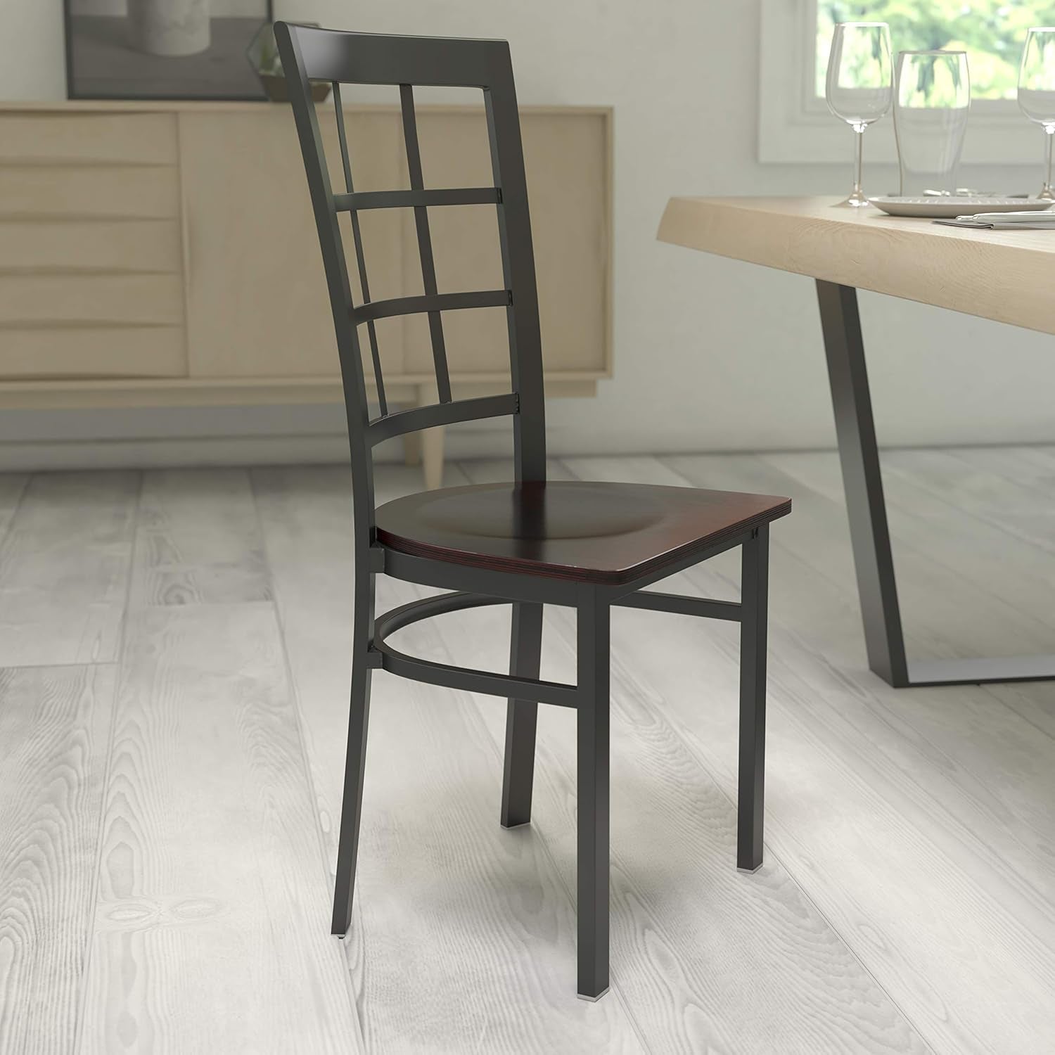HERCULES Series Black Window Back Metal Restaurant Chair - Walnut Wood